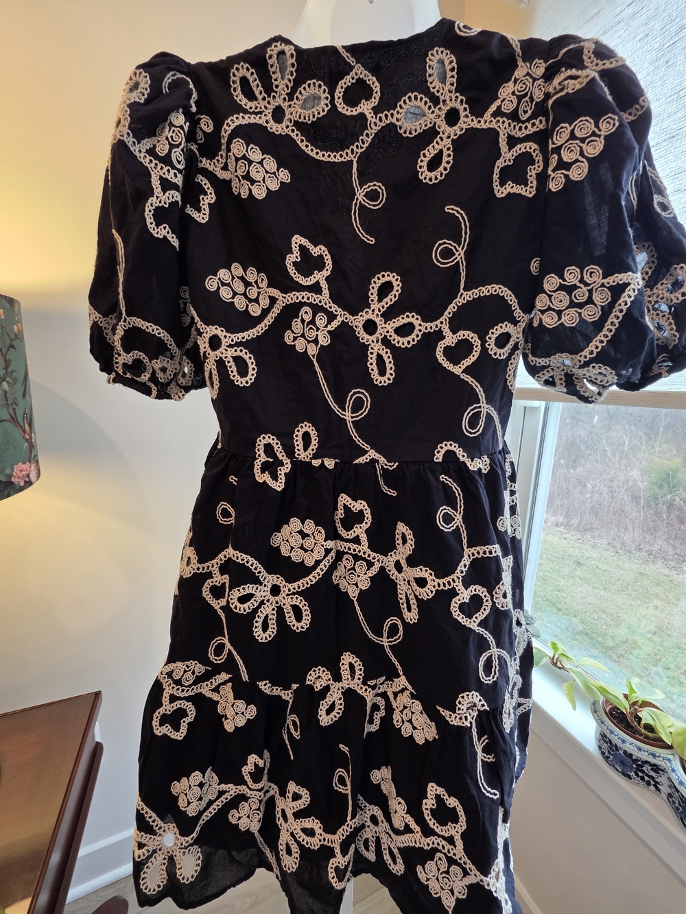 Black Embroidered Cotton Puff-Sleeve Midi Dress Cottagecore Coquette Size XS - Picture 6 of 13